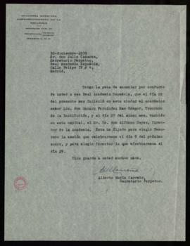 Oficio de Alberto María Carreño, secretario de la Academia Mexicana, a Julio Casares, secretario ...