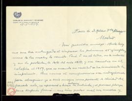 Carta de Carlos González-Espresati a Melchor Fernández Almagro en la que le anuncia el envío de s...