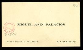 Tarjeta de visita de Miguel Asín Palacios