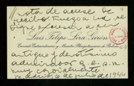 Tarjeta de visita de Luis Felipe Lira Girón de acuse de recibo a Julio Casares de una nota suya a...