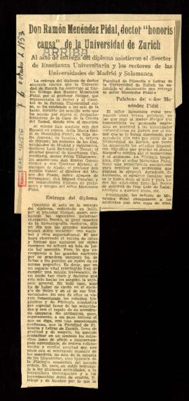 Recorte del diario Arriba con el artículo Don Ramón Menéndez Pidal, doctor «honoris causa» de la ...