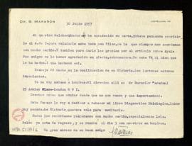 Carta de Gregorio Marañón a Melchor Fernández Almagro en la que le dice que colige que está en Bu...