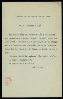 Minuta de la carta del secretario a Rodolfo J. Slabý en la que copia el contenido de una carta an...