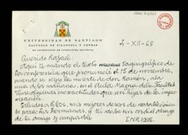 Carta de Enrique Moreno Báez a Rafael [Lapesa] a la que adjunta el texto de la conferencia que pr...