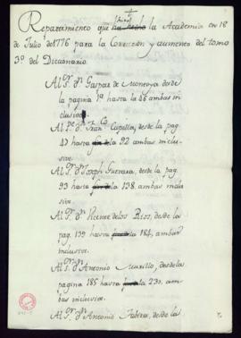 Repartimiento que hizo la Academia en 18 de julio de 1776 para la corrección y aumento del tercer...