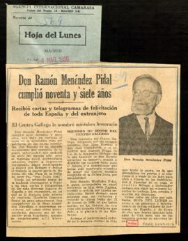 Recorte del diario Hoja del Lunes con el artículo Don Ramón Menéndez Pidal cumplió noventa y siet...