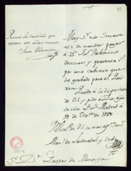 Orden de Manuel de Lardizábal del pago a Juan Palomino de 240 reales de vellón por una cabecera p...