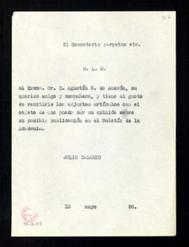 Copia del besalamano de Julio Casares a Agustín G. de Amezúa que acompaña unos artículos con el o...