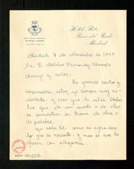 Carta de Dulce María Loynaz a Melchor Fernández Almagro en la que le dice que está muy contenta d...