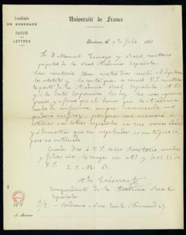 Carta de A[rmand] de Tréverret al secretario perpetuo, Manuel Tamayo y Baus, en la que acusa reci...