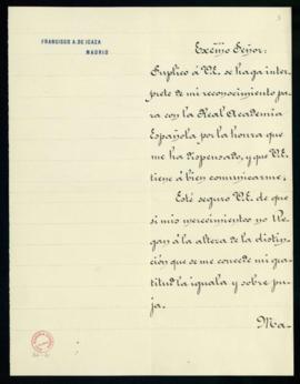 Carta de Francisco A. de Icaza a Manuel Tamayo y Baus, secretario de la Real Academia Española, e...
