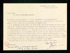 Carta de Manuel Aguirre de Cárcer a Melchor Fernández Almagro en la que acusa recibo de su dedica...