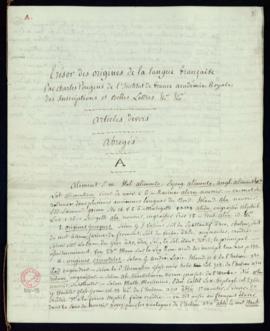 Artículos diversos abreviados de la letra A del Trésor des origines de la langue française