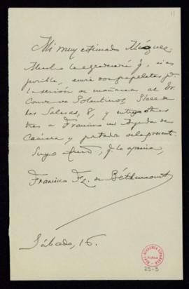 Carta de Francisco F[ernánde]z de Béthencourt a [Fermín] Míguez, oficial mayor de la Academia, en...