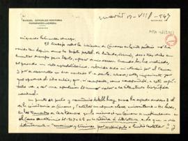 Carta de Manuel González-Hontoria a Melchor Fernández Almagro en la que acusa recibo de su trabaj...