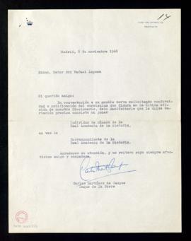 Carta de Carlos Martínez de Campos, duque de la Torre, a Rafael Lapesa para indicarle la modifica...