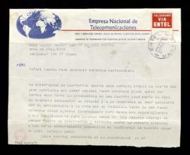 Telegrama de Jaime Benítez, presidente de la Universidad de Puerto Rico, a Rafael Lapesa en el qu...