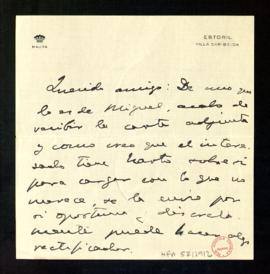 Carta de Gabriel Maura Gamazo a Melchor Fernández Almagro con la que le envía otra de Miguel por ...