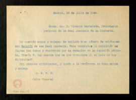 Copia de la carta de Julio Casares a Vicente Castañeda, secretario de la Real Academia de Histori...