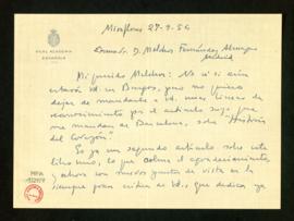 Carta de Vicente Aleixandre a Melchor Fernández Almagro en la que le expresa su agradecimiento po...