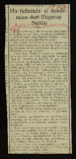 Recorte del Diario Universal de 13 de octubre de 1926, con la noticia del fallecimiento de Eugeni...
