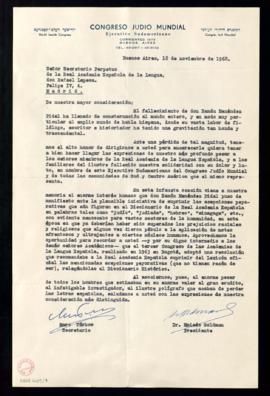 Carta de Moisés Goldman y Marc Túrkow, presidente y secretario del Ejecutivo sudamericano del Con...