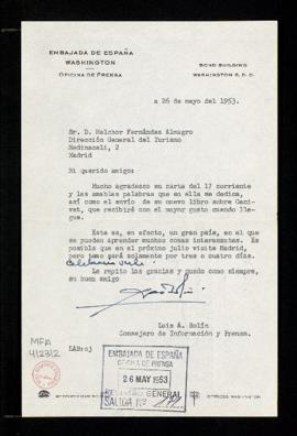 Carta de Luis A. Bolín, consejero de Información y Turismo de la embajada de España en Washington...