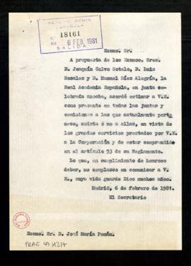 Copia sin firma del oficio del secretario [Alonso Zamora Vicente] a José María Pemán de traslado ...