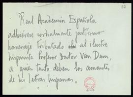 Minuta del telegrama de adhesión al homenaje de C. F. Adolf van Dam
