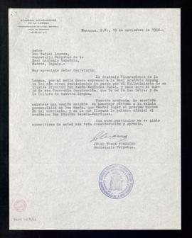 Carta de Julio Ycaza Tigerino, secretario de la Academia Nicaragüense de la Lengua, a Rafael Lape...