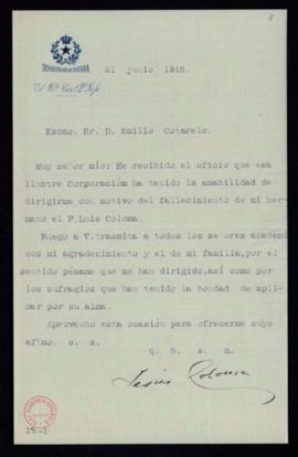 Carta de Jesús Coloma al secretario, Emilio Cotarelo, de agradecimiento a la Academia por el pésa...