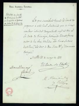Propuesta firmada por Manuel Tamayo y Baus, el conde de Cheste y M[arcelino] Menéndez y Pelayo de...