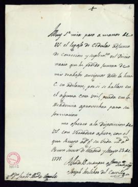Carta de José Melchor del Castillo a Francisco Antonio de Angulo con la que envía un legajo de cé...