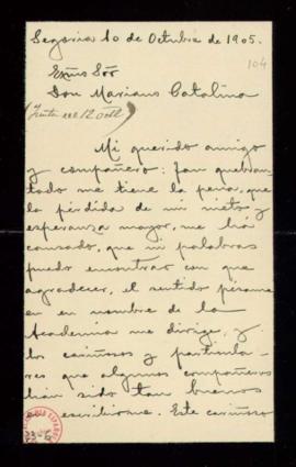 Carta del conde de Cheste al secretario, Mariano Catalina, por la que le agradece el pésame recib...