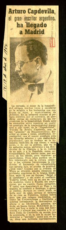 Recorte del diario Madrid con la noticia titulada Arturo Capdevila, el gran escritor argentino, h...