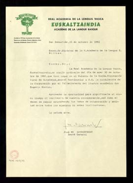 Carta del secretario general de la Real Academia de la Lengua Vasca, José María Satrústegui, al d...