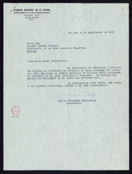 Carta de Carlos Castañón Barrientos, secretario de la Academia Boliviana, a Alonso Zamora Vicente...
