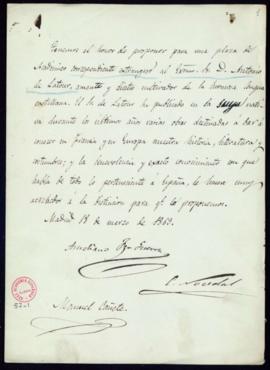 Propuesta de Antoine de Latour como académico correspondiente extranjero firmada por Aureliano Fe...