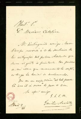 Carta de Emilio Arrieta a Mariano Catalina en la que le reclama la devolución de unos autógrafos ...