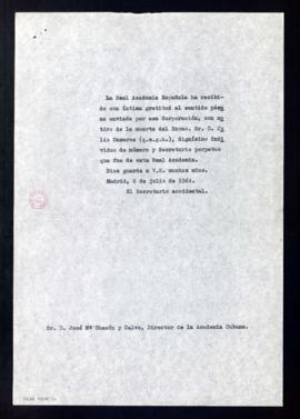 Copia del oficio del secretario accidental, Rafael Lapesa, a José María Chacón y Calvo, director ...