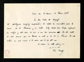 Carta de Pío Baroja a Julio de Urquijo en la que justifica que no podrá acudir a la reunión de la...