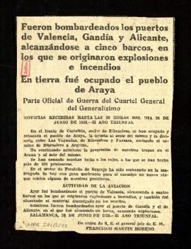 Fueron bombardeados los puertos de Valencia, Gandía y Alicante, alcanzándose a cinco barcos, en l...