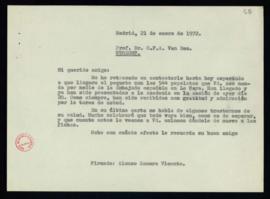 Copia de la carta de Alonso Zamora Vicente a C. F. Adolf van Dam en la que acusa recibo de las 54...