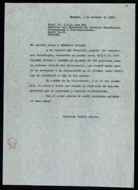 Minuta de la carta de Rafael Lapesa a C. F. Adolf van Dam en la que acusa recibo del paquete con ...