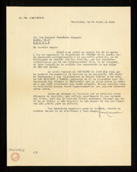Carta de José María Cruzet a Melchor Fernández Almagro con la que le adjunta el Cajal del Sr. Lor...