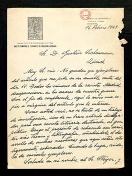 Carta de Samuel Gili Gaya a Gustavo Liebenmann con la que le envía una copia a máquina del artícu...