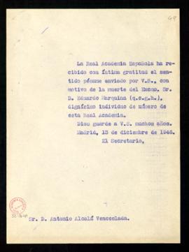 Copia sin firma del oficio del secretario a Antonio Alcalá Venceslada, de traslado del agradecimi...