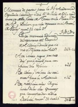 Memoria de varios gastos para la Real Academia Española causados el día 15 de julio de 1760 con m...