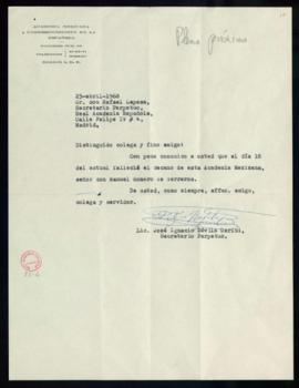 Carta de José Ignacio Dávila Garibi, secretario de la Academia Mexicana, a Rafael Lapesa, secreta...