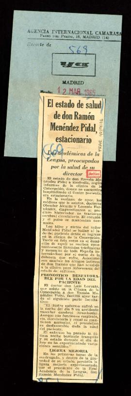 Recorte del diario Ya con la noticia El estado de salud de don Ramón Menéndez Pidal, estacionario